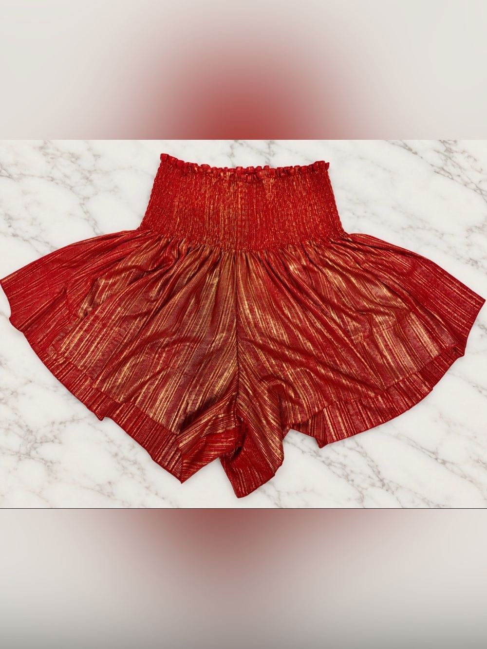 Queen of Sparkles - Red Gold Metallic Smocked Flowy Game Day Shorts - XS